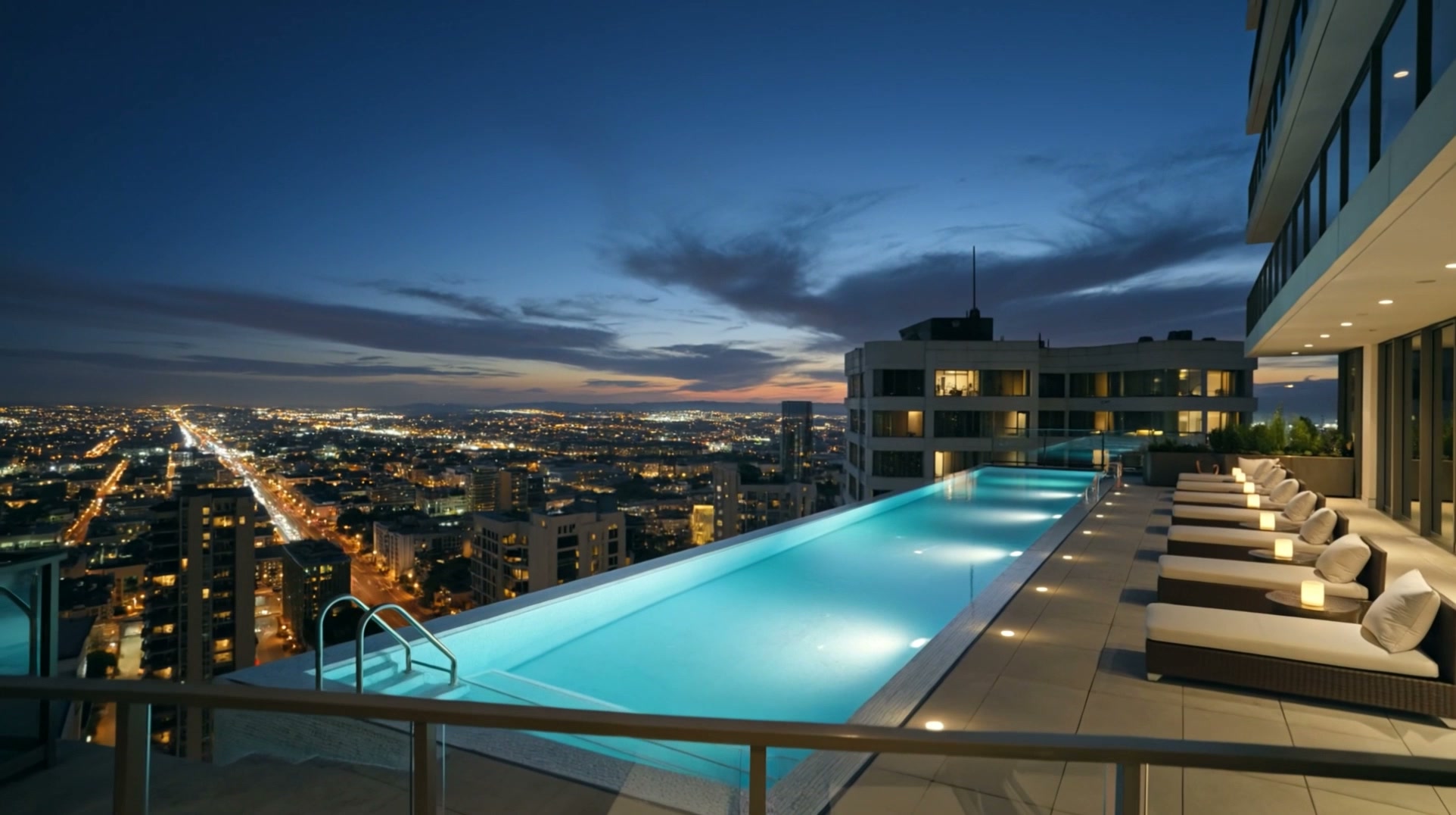 Wraparound terrace with infinity pool at night